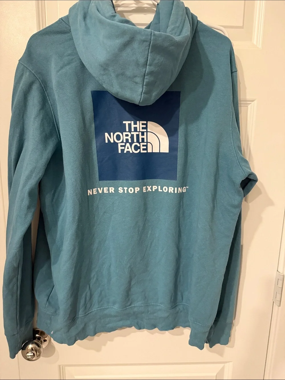 The North Face Men's Teal Pullover Hoodie Logo graphic L Large sweatshirt aqua